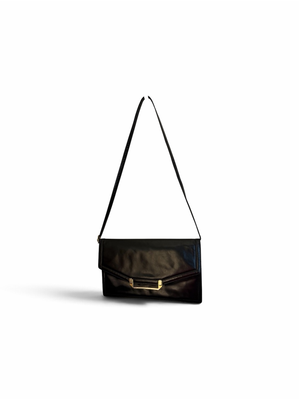 Vintage Susan Gail Black Genuine Leather Shoulder Bag Gold Tone